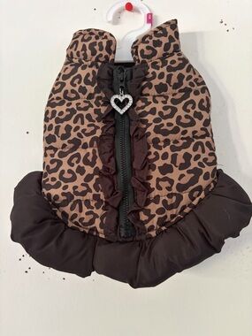 Leopard Print Ruffled Dog Puffer Vest - Brown